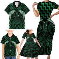 Green Matariki New Zealand Family Matching Short Sleeve Bodycon Dress and Hawaiian Shirt Maori Poutama Galaxy Vibes