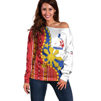 Philippines Independence Day Off Shoulder Sweater Pilipinas Sun Stars Igorot Pattern