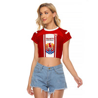 Tahitian Football Raglan Cropped T Shirt Tahiti Coat Of Arm Polynesian Sporty Style LT14 Female Red - Polynesian Pride