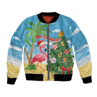 Flamingo Hawaii Summer Christmas Personalized Bomber Jacket Mele Kalikimaka Beachy Vibes LT14 Unisex Blue - Polynesian Pride
