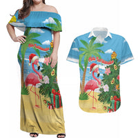 Flamingo Hawaii Summer Christmas Personalized Couples Matching Off Shoulder Maxi Dress and Hawaiian Shirt Mele Kalikimaka Beachy Vibes LT14 Blue - Polynesian Pride