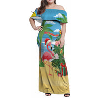 Flamingo Hawaii Summer Christmas Personalized Family Matching Off Shoulder Maxi Dress and Hawaiian Shirt Mele Kalikimaka Beachy Vibes LT14 Mom's Dress Blue - Polynesian Pride
