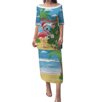 Flamingo Hawaii Summer Christmas Personalized Family Matching Puletasi and Hawaiian Shirt Mele Kalikimaka Beachy Vibes LT14 Mom's Dress Blue - Polynesian Pride