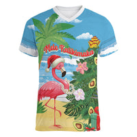 Flamingo Hawaii Summer Christmas Personalized Women V-Neck T-Shirt Mele Kalikimaka Beachy Vibes LT14 Female Blue - Polynesian Pride