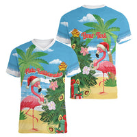 Flamingo Hawaii Summer Christmas Personalized Women V-Neck T-Shirt Mele Kalikimaka Beachy Vibes LT14 - Polynesian Pride