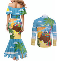 Chilling Parrot Hawaii Summer Christmas Personalized Couples Matching Mermaid Dress and Long Sleeve Button Shirt It's 5 O'Clock Somewhere Beachy Vibes LT14 - Polynesian Pride