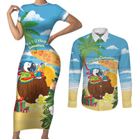 Chilling Parrot Hawaii Summer Christmas Personalized Couples Matching Short Sleeve Bodycon Dress and Long Sleeve Button Shirt It's 5 O'Clock Somewhere Beachy Vibes LT14 Blue - Polynesian Pride