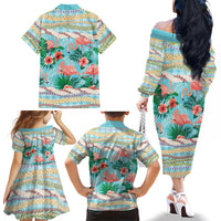 Flamingo Hawaii Summer Family Matching Off The Shoulder Long Sleeve Dress and Hawaiian Shirt Hawaiian Lei Pakala Motifs Tropical Style LT14 - Polynesian Pride