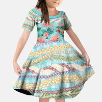 Flamingo Hawaii Summer Family Matching Short Sleeve Bodycon Dress and Hawaiian Shirt Hawaiian Lei Pakala Motifs Tropical Style LT14 Daughter's Dress Cyan - Polynesian Pride