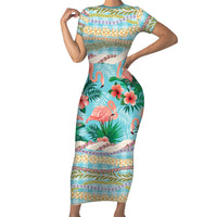 Flamingo Hawaii Summer Short Sleeve Bodycon Dress Hawaiian Lei Pakala Motifs Tropical Style LT14 Long Dress Cyan - Polynesian Pride