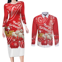 New Zealand Christmas In July Personalised Couples Matching Long Sleeve Bodycon Dress and Long Sleeve Button Shirt Funny Santa Sheep Meri Kirihimete Red LT14 Red - Polynesian Pride