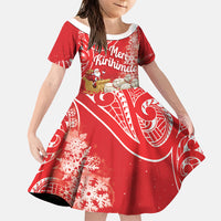 New Zealand Christmas In July Personalised Family Matching Off Shoulder Short Dress and Hawaiian Shirt Funny Santa Sheep Meri Kirihimete Red LT14 Daughter's Dress Red - Polynesian Pride