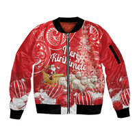 New Zealand Christmas In July Personalised Sleeve Zip Bomber Jacket Funny Santa Sheep Meri Kirihimete Red LT14 Unisex Red - Polynesian Pride