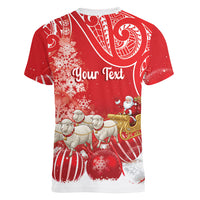 New Zealand Christmas In July Personalised Women V-Neck T-Shirt Funny Santa Sheep Meri Kirihimete Red LT14 - Polynesian Pride