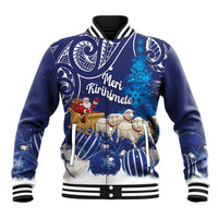 New Zealand Christmas In July Personalised Baseball Jacket Funny Santa Sheep Meri Kirihimete Blue LT14 Unisex Blue - Polynesian Pride