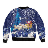 New Zealand Christmas In July Personalised Bomber Jacket Funny Santa Sheep Meri Kirihimete Blue LT14 - Polynesian Pride