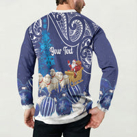 New Zealand Christmas In July Personalised Button Sweatshirt Funny Santa Sheep Meri Kirihimete Blue LT14 - Polynesian Pride