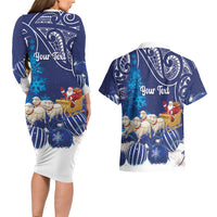New Zealand Christmas In July Personalised Couples Matching Long Sleeve Bodycon Dress and Hawaiian Shirt Funny Santa Sheep Meri Kirihimete Blue LT14 - Polynesian Pride