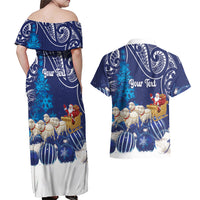 New Zealand Christmas In July Personalised Couples Matching Off Shoulder Maxi Dress and Hawaiian Shirt Funny Santa Sheep Meri Kirihimete Blue LT14 - Polynesian Pride
