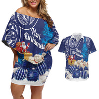 New Zealand Christmas In July Personalised Couples Matching Off Shoulder Short Dress and Hawaiian Shirt Funny Santa Sheep Meri Kirihimete Blue LT14 Blue - Polynesian Pride