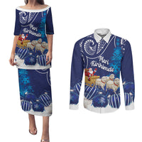New Zealand Christmas In July Personalised Couples Matching Puletasi and Long Sleeve Button Shirt Funny Santa Sheep Meri Kirihimete Blue LT14 Blue - Polynesian Pride
