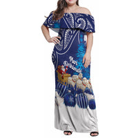New Zealand Christmas In July Personalised Family Matching Off Shoulder Maxi Dress and Hawaiian Shirt Funny Santa Sheep Meri Kirihimete Blue LT14 Mom's Dress Blue - Polynesian Pride