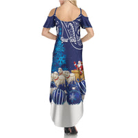 New Zealand Christmas In July Personalised Family Matching Summer Maxi Dress and Hawaiian Shirt Funny Santa Sheep Meri Kirihimete Blue LT14 - Polynesian Pride