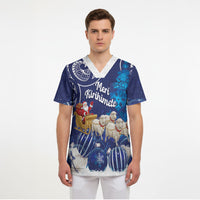 New Zealand Christmas In July Personalised Scrub Top Funny Santa Sheep Meri Kirihimete Blue LT14 - Polynesian Pride