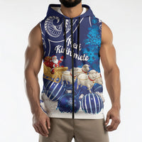 New Zealand Christmas In July Personalised Sleeveless Zip Hoodie Funny Santa Sheep Meri Kirihimete Blue LT14 - Polynesian Pride