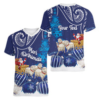 New Zealand Christmas In July Personalised Women V-Neck T-Shirt Funny Santa Sheep Meri Kirihimete Blue LT14 - Polynesian Pride