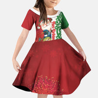 Meri Kirihimete New Zealand Personalised Family Matching Long Sleeve Bodycon Dress and Hawaiian Shirt Cute Santa NZ Animals and Pohutukawa LT14 Daughter's Dress Red - Polynesian Pride