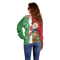 Meri Kirihimete New Zealand Personalised Off Shoulder Sweater Cute Santa NZ Animals and Pohutukawa LT14 - Polynesian Pride