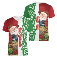 Meri Kirihimete New Zealand Personalised Women V-Neck T-Shirt Cute Santa NZ Animals and Pohutukawa LT14 - Polynesian Pride