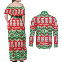 New Zealand Christmas In July Couples Matching Off Shoulder Maxi Dress and Long Sleeve Button Shirt Meri Kirihimete Hei Tiki Taniko Motifs Seamless LT14 - Polynesian Pride