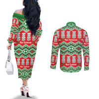 New Zealand Christmas In July Couples Matching Off The Shoulder Long Sleeve Dress and Long Sleeve Button Shirt Meri Kirihimete Hei Tiki Taniko Motifs Seamless LT14 - Polynesian Pride