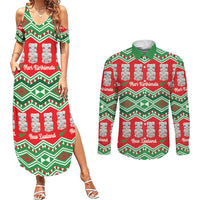 New Zealand Christmas In July Couples Matching Summer Maxi Dress and Long Sleeve Button Shirt Meri Kirihimete Hei Tiki Taniko Motifs Seamless LT14 Red - Polynesian Pride