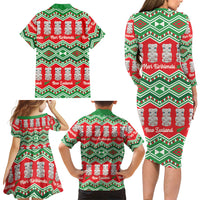 New Zealand Christmas In July Family Matching Long Sleeve Bodycon Dress and Hawaiian Shirt Meri Kirihimete Hei Tiki Taniko Motifs Seamless LT14 - Polynesian Pride