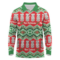 New Zealand Christmas In July Long Sleeve Polo Shirt Meri Kirihimete Hei Tiki Taniko Motifs Seamless LT14 Red - Polynesian Pride