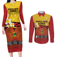 Papua New Guinea Independence Day Couples Matching Long Sleeve Bodycon Dress and Long Sleeve Button Shirt Since 1975 Unity In Diversity LT14 Red - Polynesian Pride
