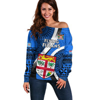 Fiji Rugby Off Shoulder Sweater World Cup 2023 Go Champions Fijian Tapa Blue Version LT14 Women Blue - Polynesian Pride