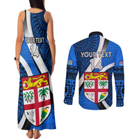 Custom Fiji Rugby Couples Matching Tank Maxi Dress and Long Sleeve Button Shirts World Cup 2023 Go Champions Fijian Tapa Blue Version LT14 - Polynesian Pride