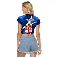 Custom Fiji Rugby Raglan Cropped T Shirt World Cup 2023 Go Champions Fijian Tapa Blue Version LT14 - Polynesian Pride
