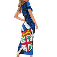 Custom Fiji Rugby Short Sleeve Bodycon Dress World Cup 2023 Go Champions Fijian Tapa Blue Version LT14 - Polynesian Pride