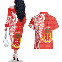 Personalised Kolisi Tonga Couples Matching Off The Shoulder Long Sleeve Dress and Hawaiian Shirt Mate Maa Tonga Ngatu Pattern - Polynesian Pride