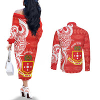 Personalised Kolisi Tonga Couples Matching Off The Shoulder Long Sleeve Dress and Long Sleeve Button Shirt Mate Maa Tonga Ngatu Pattern - Polynesian Pride