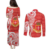 Personalised Kolisi Tonga Couples Matching Puletasi and Long Sleeve Button Shirt Mate Maa Tonga Ngatu Pattern - Polynesian Pride