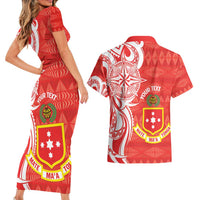 Personalised Kolisi Tonga Couples Matching Short Sleeve Bodycon Dress and Hawaiian Shirt Mate Maa Tonga Ngatu Pattern - Polynesian Pride