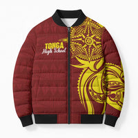 Personalised Tonga High School Bomber Puffer Jacket THS Tongan Ngatu Pattern - Polynesian Pride