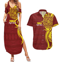 Personalised Tonga High School Couples Matching Summer Maxi Dress and Hawaiian Shirt THS Tongan Ngatu Pattern - Polynesian Pride