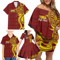 Personalised Tonga High School Family Matching Off Shoulder Short Dress and Hawaiian Shirt THS Tongan Ngatu Pattern - Polynesian Pride